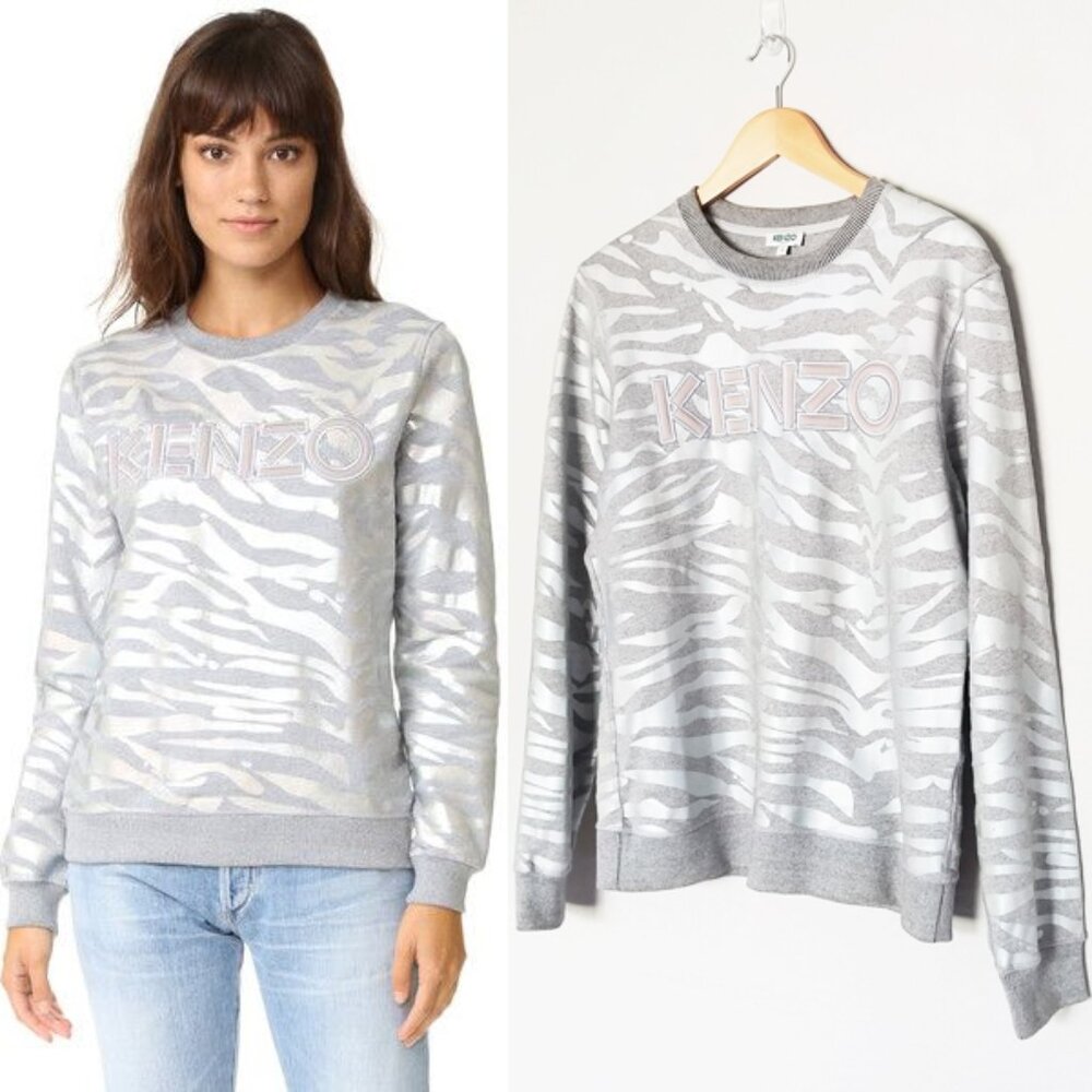 KENZO Iridescent Silver Tiger Stripes Crewneck Pullover Sweatshirt S Gray $355